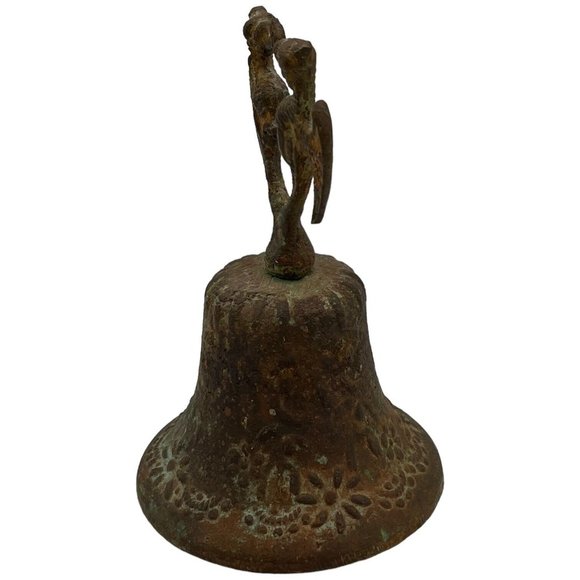 Vintage 5" X 3.5" Double Dragon Handle Bronze Bell Aged Verdigris Rust Set Prop - Picture 2 of 8